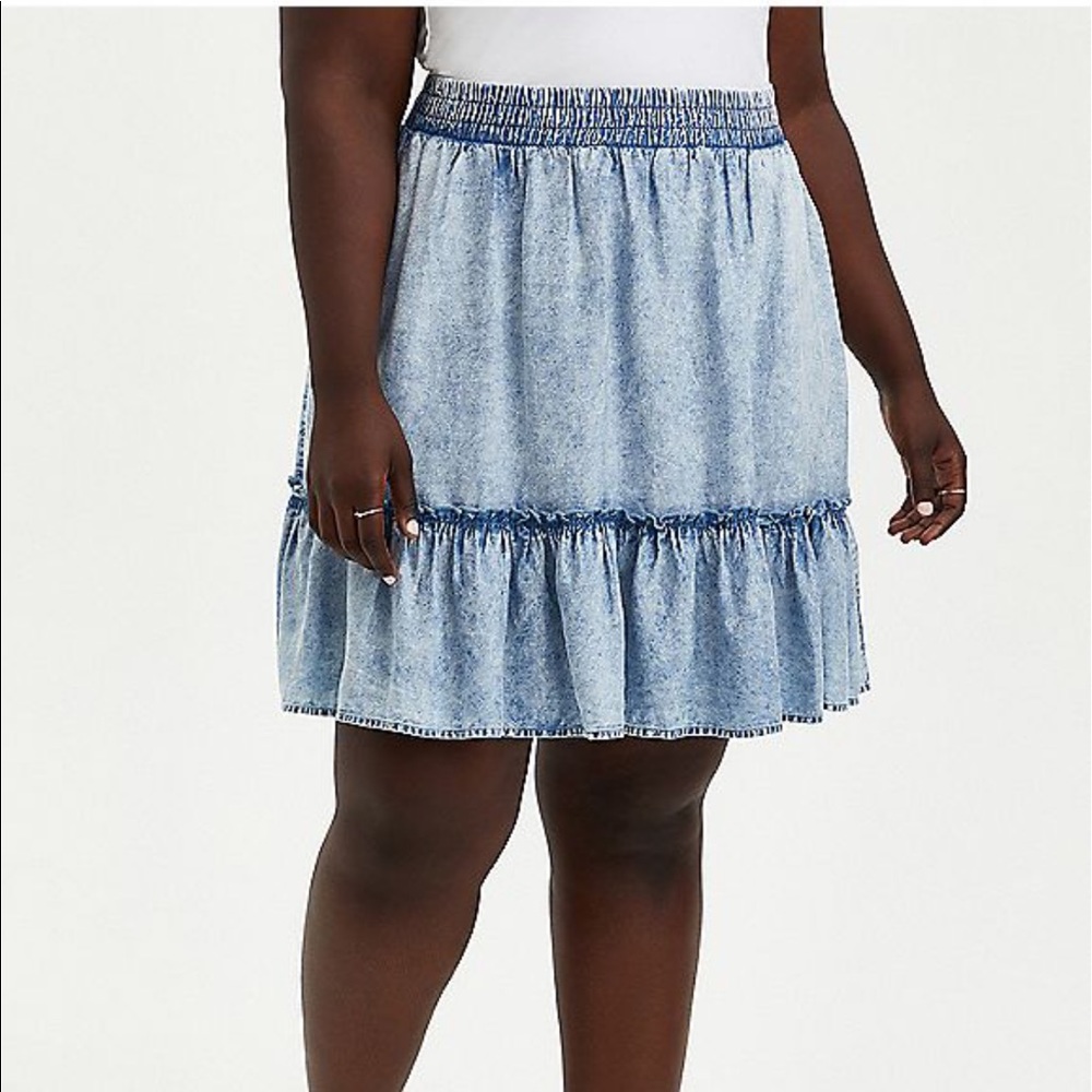 Washed chambray ruffle mini skirt